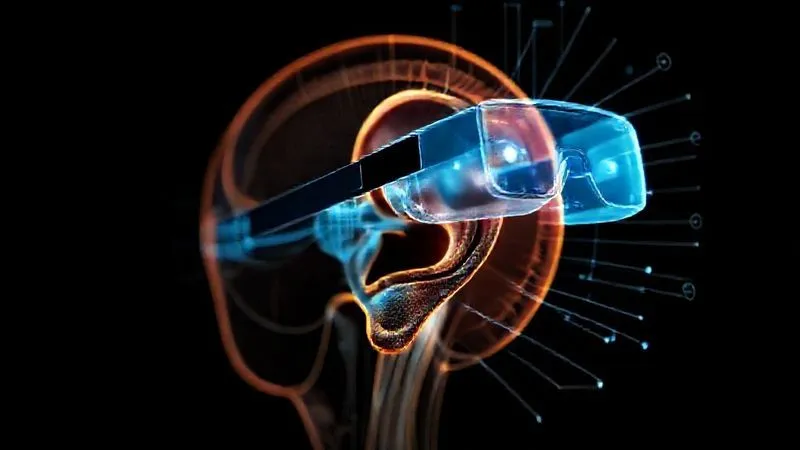 A highly detailed anatomical diagram of the human inner ear (vestibular system) overlaid with a subtle holographic representation of VR goggles, illustrating sensory conflict, professional photography, 8K, cinematic lighting, sharp focus, depth of field.