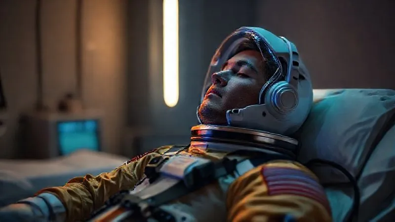 A calm astronaut candidate sitting in a dimly lit, comfortable recovery room, eyes closed, perhaps with a biofeedback device gently attached, promoting relaxation and recovery after a simulation, professional photography, 8K, cinematic lighting, sharp focus, depth of field.
