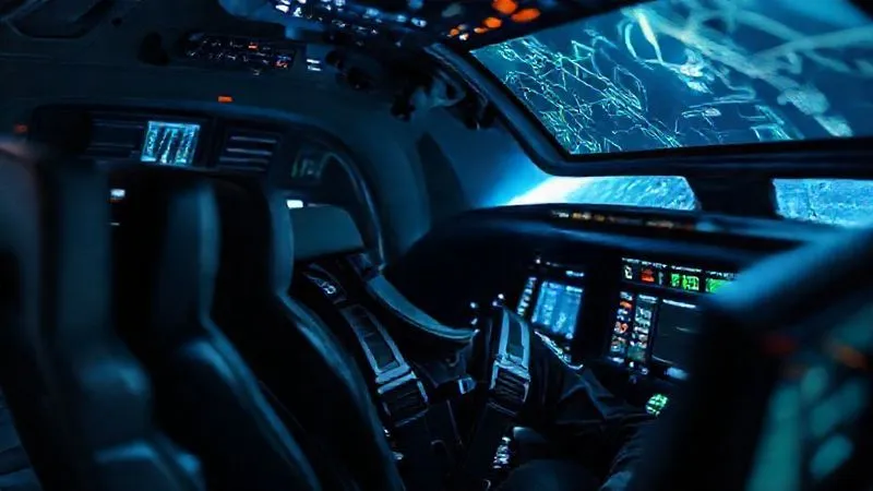 A futuristic, highly advanced spaceflight simulator cockpit with multiple screens displaying complex flight data, a trainee in a flight suit focused intently, subtle motion blur indicating movement, professional photography, 8K, cinematic lighting, sharp focus, depth of field.