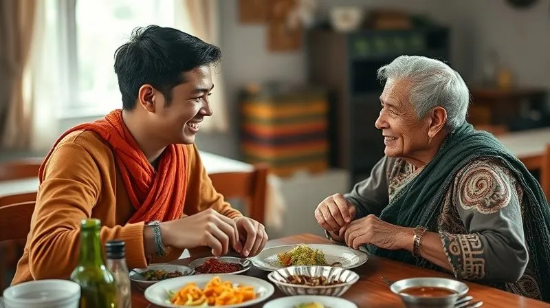 Photorealistic, professional photography, 8K, cinematic lighting, sharp focus, depth of field, shot on a high-end DSLR. A volunteer and a local community member sharing a traditional meal, engaging in warm conversation, with genuine smiles and eye contact, symbolizing cultural exchange and respectful integration. Soft, natural indoor lighting.