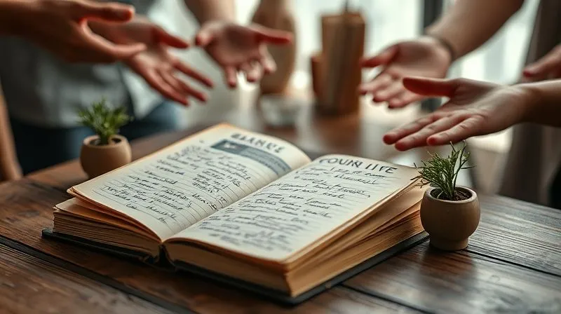 Photorealistic, professional photography, 8K, cinematic lighting, sharp focus, depth of field, shot on a high-end DSLR. A weathered, open journal with thoughtful handwritten notes and sketches, placed on a simple wooden table, next to a small, symbolic plant, with a blurred background of diverse hands reaching out in a gesture of collaboration, symbolizing reflection and continuous learning. Soft, warm light.