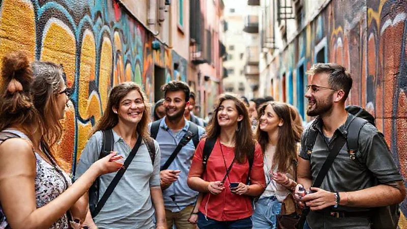 A diverse group of tourists on a 'street art and urban culture' walking tour, excitedly looking at a vibrant mural. The tour guide, a young, energetic local, points to details with a passionate expression. The scene is set in a colorful, lively urban alleyway, with unique architecture in the background. Photorealistic, professional photography, 8K, cinematic lighting, sharp focus, depth of field, shot on a high-end DSLR.