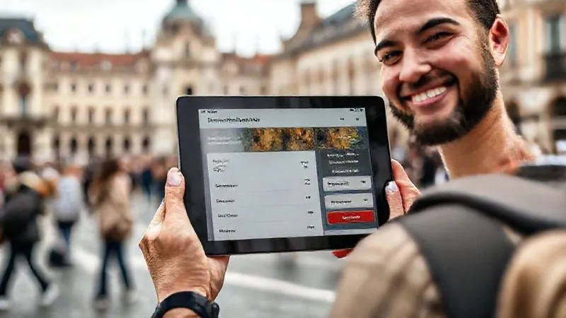 A modern, intuitive booking interface for a walking tour company displayed on a tablet held by a smiling, diverse tourist. The screen shows available tour slots, clear pricing for premium options, and options for reviews. In the background, a historic city square with blurred motion of people suggests a busy but organized operation. Photorealistic, professional photography, 8K, cinematic lighting, sharp focus, depth of field, shot on a high-end DSLR.