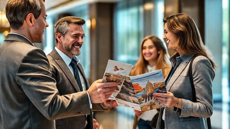 A friendly hotel concierge handing a map and a brochure for a walking tour to a smiling tourist couple in a stylish hotel lobby. The brochure prominently features the walking tour company's logo and a vibrant image of a tour. The scene is bright and welcoming, suggesting successful collaboration. Photorealistic, professional photography, 8K, cinematic lighting, sharp focus, depth of field, shot on a high-end DSLR.