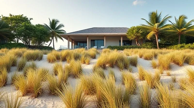 A photorealistic image of a beautifully landscaped beachfront villa, featuring lush, native, salt-tolerant vegetation and strategically designed dunes in the foreground, acting as a natural buffer against the ocean. Professional photography, 8K, cinematic lighting, sharp focus, depth of field, shot on a high-end DSLR. A photorealistic image of a beautifully landscaped beachfront villa, featuring lush, native, salt-tolerant vegetation and strategically designed dunes in the foreground, acting as a natural buffer against the ocean. Professional photography, 8K, cinematic lighting, sharp focus, depth of field, shot on a high-end DSLR.