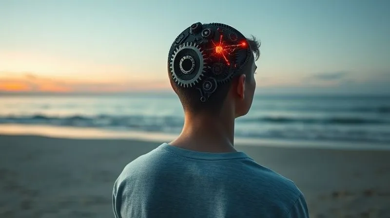 A photorealistic, professional photography, 8K, cinematic lighting, sharp focus, depth of field, shot on a high-end DSLR. A person's head depicted with subtle, abstract gears and glowing data streams inside, while their body sits on a tranquil beach, looking somewhat distracted or stressed amidst the natural beauty. The contrast highlights the internal struggle. A photorealistic, professional photography, 8K, cinematic lighting, sharp focus, depth of field, shot on a high-end DSLR. A person's head depicted with subtle, abstract gears and glowing data streams inside, while their body sits on a tranquil beach, looking somewhat distracted or stressed amidst the natural beauty. The contrast highlights the internal struggle.