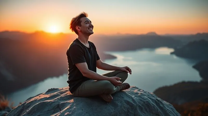 A photorealistic, professional photography, 8K, cinematic lighting, sharp focus, depth of field, shot on a high-end DSLR. A person sits cross-legged on a large, smooth rock overlooking a vast, serene lake reflecting majestic mountains at sunset. Their eyes are closed, a gentle smile on their face, embodying deep peace and connection with nature. Warm, golden light bathes the scene. A photorealistic, professional photography, 8K, cinematic lighting, sharp focus, depth of field, shot on a high-end DSLR. A person sits cross-legged on a large, smooth rock overlooking a vast, serene lake reflecting majestic mountains at sunset. Their eyes are closed, a gentle smile on their face, embodying deep peace and connection with nature. Warm, golden light bathes the scene.