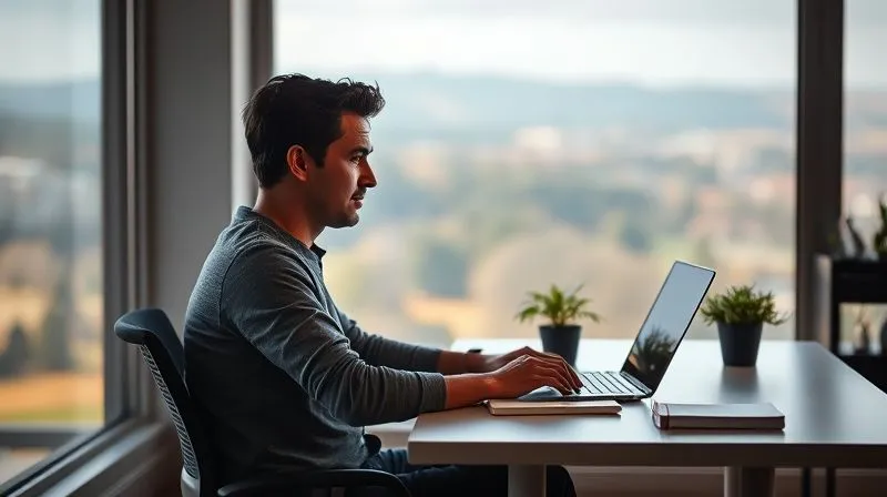 A photorealistic, professional photography, 8K, cinematic lighting, sharp focus, depth of field, shot on a high-end DSLR. A person is calmly seated at a modern, minimalist desk in a home office, a small potted plant and a journal beside their laptop. Through a large window, a serene, blurred natural landscape is visible, suggesting a harmonious blend of work and peace. The person looks focused yet relaxed. A photorealistic, professional photography, 8K, cinematic lighting, sharp focus, depth of field, shot on a high-end DSLR. A person is calmly seated at a modern, minimalist desk in a home office, a small potted plant and a journal beside their laptop. Through a large window, a serene, blurred natural landscape is visible, suggesting a harmonious blend of work and peace. The person looks focused yet relaxed.
