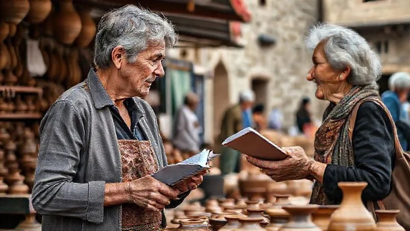 Photorealistic, professional photography, 8K, cinematic lighting, sharp focus, depth of field, shot on a high-end DSLR. A seasoned travel advisor, dressed in smart casual attire, engages in a warm, respectful conversation with a local artisan, an older woman with weathered hands, selling handmade pottery at a bustling yet authentic coastal town market. The advisor is genuinely listening, notebook in hand, absorbing local insights. The background shows vibrant market stalls and ancient stone buildings, conveying cultural immersion.