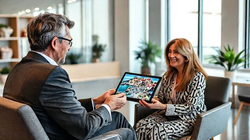 Photorealistic, professional photography, 8K, cinematic lighting, sharp focus, depth of field, shot on a high-end DSLR. A professional travel advisor, dressed in business casual, sits across from a smiling couple in a bright, modern office. The advisor is holding a tablet, showing them authentic, non-stock photos and short videos of a serene, less-known coastal village, including images of local life, unique architecture, and untouched natural beauty, rather than typical tourist attractions. The clients look engaged and excited.