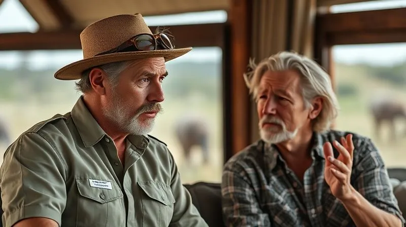 A photorealistic, professional photography, 8K image of a safari guide, with a concerned but understanding expression, actively listening to a luxury safari client who is gesturing with a slightly frustrated but calm demeanor. They are in a beautifully appointed safari lodge lounge, with cinematic lighting, sharp focus on their faces, and a blurred view of the African savanna through a large window, conveying empathy and immediate attention.