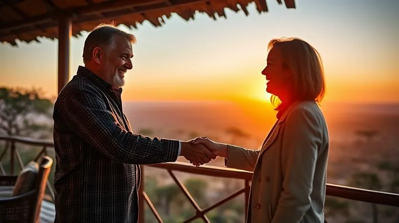 A photorealistic, professional photography, 8K image of a safari lodge owner or manager warmly shaking hands with a luxury client, both smiling genuinely. They are standing on a scenic veranda overlooking a vast African landscape at sunset. Cinematic lighting, sharp focus on their hands and faces, depth of field blurring the background, symbolizing renewed trust and a strong, positive relationship.