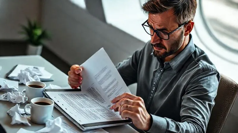 photorealistic, professional photography, 8K, cinematic lighting, sharp focus, depth of field, shot on a high-end DSLR. A person intently scrutinizing a complex airline policy document on a tablet, surrounded by coffee cups and crumpled papers, a look of concentration and slight frustration on their face. The background is a modern, minimalist desk setting. Emotionally resonant, showing the challenge of navigating fine print.