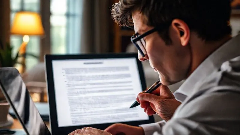 photorealistic, professional photography, 8K, cinematic lighting, sharp focus, depth of field, shot on a high-end DSLR. A person with reading glasses, intensely focused on a laptop screen displaying a dense legal document or 'Terms and Conditions' page, highlighting text with a digital pen. The background is a cozy, well-lit home office, conveying diligence and preparedness. Emotionally resonant, showing the importance of attention to detail.