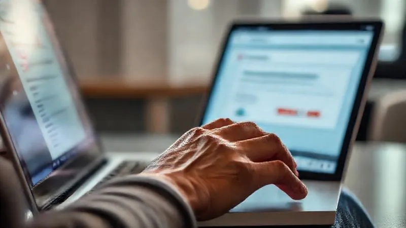 photorealistic, professional photography, 8K, cinematic lighting, sharp focus, depth of field, shot on a high-end DSLR. A person's hands typing on a laptop keyboard, a focused expression, with a social media feed or online complaint form visible on the screen, showing the airline's logo. The background is slightly blurred, suggesting an active online environment, conveying the act of seeking resolution through digital means. Emotionally resonant, showing proactive problem-solving.