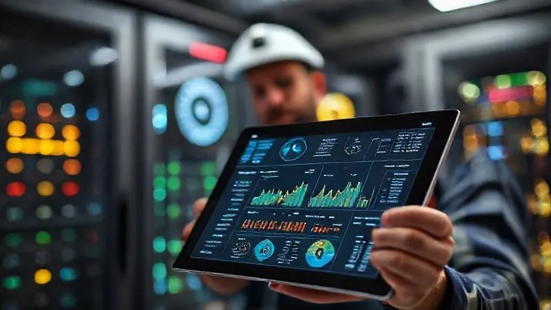A photorealistic, professional photography, 8K, cinematic lighting, sharp focus, depth of field shot of a resort operations manager reviewing a detailed energy consumption dashboard on a tablet, with complex graphs and charts showing electricity usage by different resort areas. The background shows a modern server room or control center with glowing indicators.