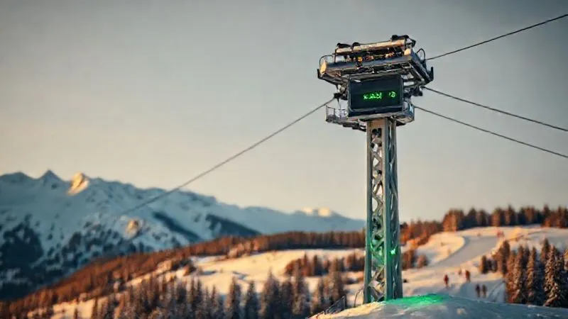 A photorealistic, professional photography, 8K, cinematic lighting, sharp focus, depth of field shot of a modern ski lift tower with a subtle, glowing green energy meter integrated into its base, showing low power consumption. The background features a pristine mountain landscape with skiers on the slopes, highlighting the seamless integration of technology and nature.
