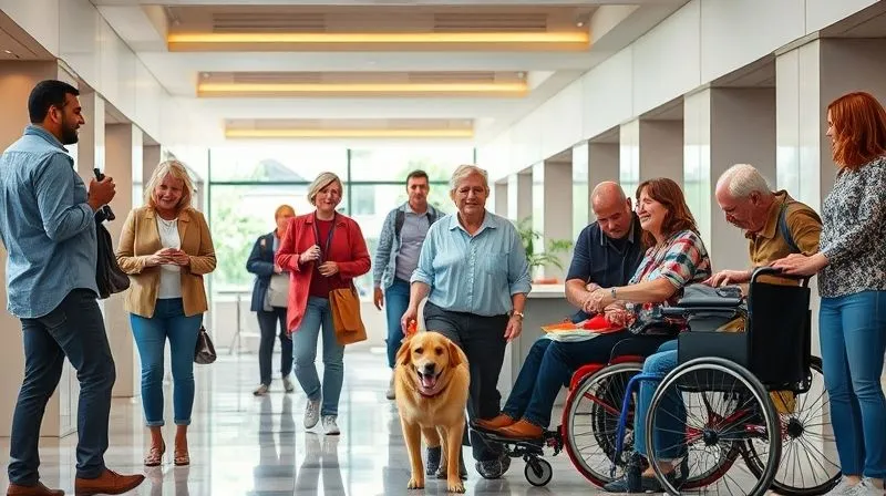 photorealistic, professional photography, 8K, cinematic lighting, sharp focus, depth of field, shot on a high-end DSLR, a diverse group of travelers, some with visible disabilities (e.g., a person using a cane, a person in a power wheelchair, a person with a service dog), interacting comfortably and happily in a bright, modern, and clearly accessible hotel common area, wide pathways, natural light, a sense of belonging and ease