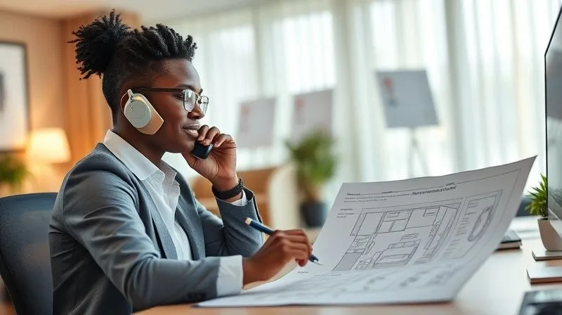 photorealistic, professional photography, 8K, cinematic lighting, sharp focus, depth of field, shot on a high-end DSLR, a hotel guest services manager (diverse, empathetic, professional) on the phone, actively listening and taking notes, with a detailed accessible room blueprint or checklist spread out on their desk, bright, organized, and welcoming office environment