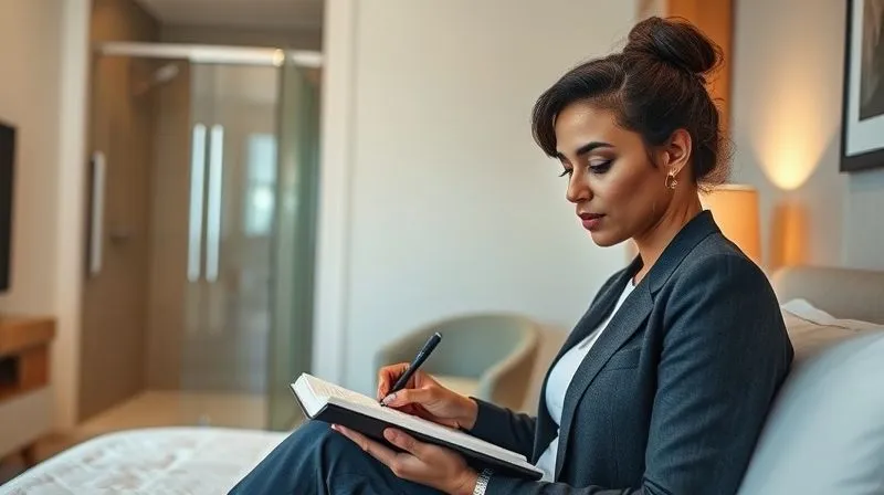 photorealistic, professional photography, 8K, cinematic lighting, sharp focus, depth of field, shot on a high-end DSLR, a person (diverse, professional) writing in a journal or typing on a tablet, looking thoughtful and determined, in a well-lit, modern hotel room, a subtle accessible feature like a grab bar or roll-in shower visible in the background, conveying a sense of advocacy and thoughtful reflection