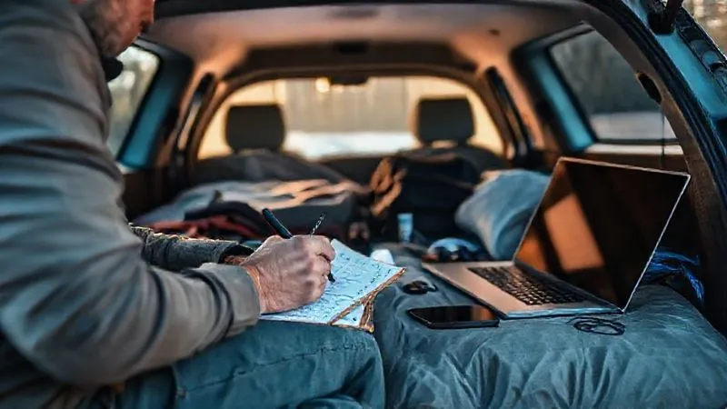 A photorealistic, professional photography, 8K, cinematic lighting, sharp focus, depth of field, shot on a high-end DSLR, of a person meticulously calculating power needs for various devices on a notepad, with a laptop and phone laid out next to them, inside a well-organized car camping setup. The scene should convey thoughtful planning and preparation.