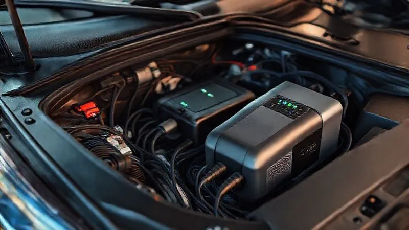 A photorealistic, professional photography, 8K, cinematic lighting, sharp focus, depth of field, shot on a high-end DSLR, showing a DC-DC charger neatly installed in a car's engine bay, with wires running to a portable power station inside the vehicle. The image should highlight clean wiring and professional installation, conveying reliability and technical integration.