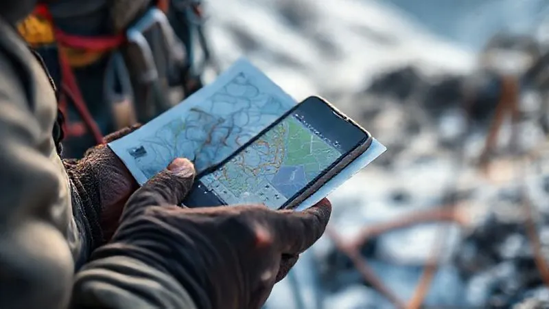 A photorealistic close-up of a climbing guide's worn hands meticulously checking a detailed route topo and a weather forecast on a satellite device, with climbing ropes and gear blurred in the background, cinematic lighting, sharp focus on the hands and devices, depth of field, 8K hyper-detailed, shot on a high-end DSLR.