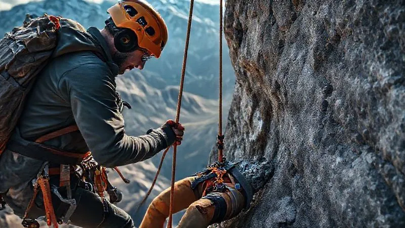 A photorealistic and professional photography shot of a climbing guide meticulously setting up a lowering system on a rugged rock face. The guide is wearing a helmet and harness, focused on the ropes and anchor. The injured client is visible, secured in a full-body harness below, with a dramatic mountain landscape in the background, cinematic lighting, sharp focus, depth of field, 8K hyper-detailed, shot on a high-end DSLR.