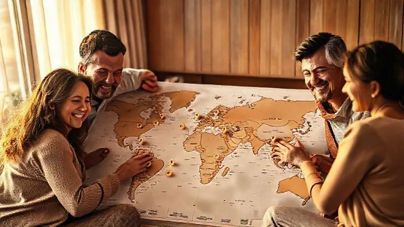 Photorealistic, professional photography, 8K, cinematic lighting, sharp focus, depth of field, shot on a high-end DSLR. A diverse group of families, smiling and relaxed, gathered around a large, elegant world map, collaboratively placing small, symbolic coins or budget icons on different travel destinations, representing shared planning and financial harmony. The atmosphere is warm, inviting, and cooperative, with soft, golden hour light filtering in. No text or logos.