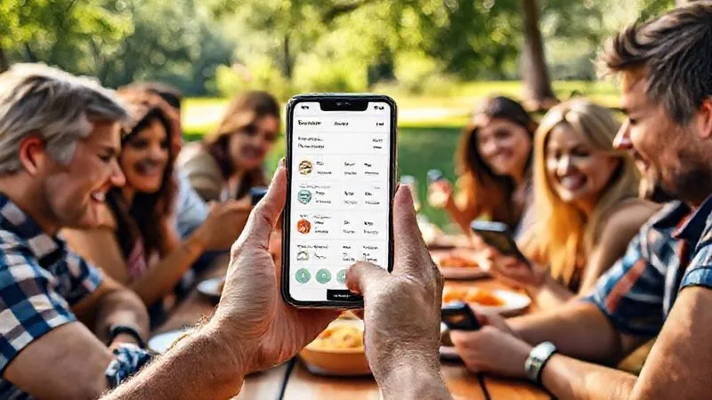 Photorealistic, professional photography, 8K, cinematic lighting, sharp focus, depth of field, shot on a high-end DSLR. A diverse group of friends and family, casually gathered around a picnic table on a sunny day, each holding a smartphone, with one person's phone screen prominently displaying a clear, user-friendly expense-splitting app interface showing various categories and balances. The mood is relaxed and collaborative. No text or logos.
