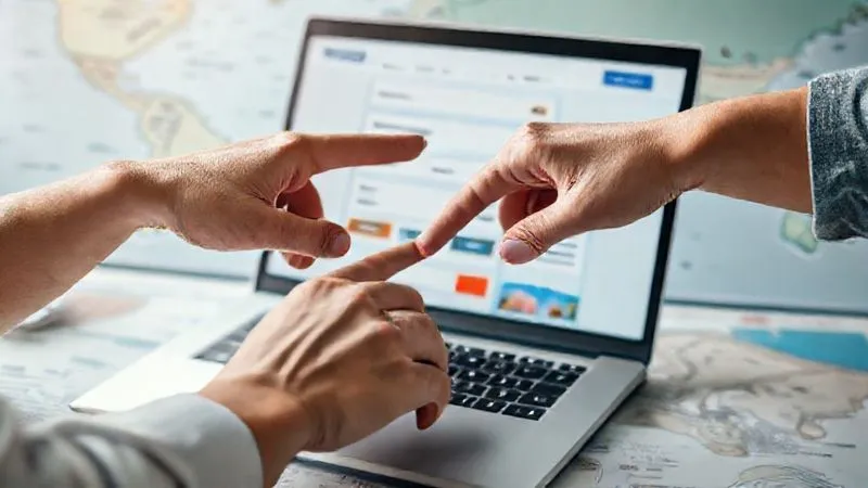 Photorealistic, professional photography, 8K, cinematic lighting, sharp focus, depth of field, shot on a high-end DSLR. Two sets of hands, belonging to different individuals but working collaboratively, are positioned over an open laptop showing a travel booking website. One hand is pointing at a destination, the other is hovering over the 'confirm booking' button. There's a sense of shared decision-making and excitement. The background is a subtly blurred travel map. No text or logos.