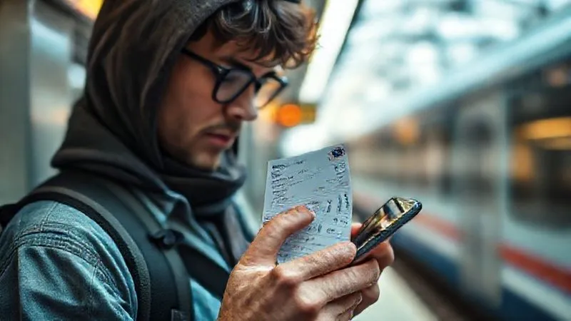 A close-up, photorealistic image of a traveler meticulously documenting their train ticket and new seat assignment with a smartphone, cinematic lighting, sharp focus, 8K, professional photography, depth of field blurring a train platform in the background.