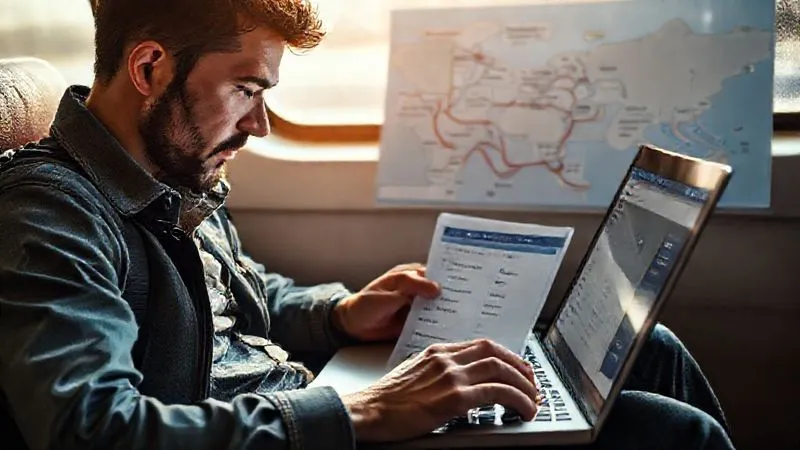 A photorealistic, detailed image of a traveler carefully reviewing booking options on a laptop, with a focus on 'flexible' vs. 'non-refundable' choices, a train journey map subtly in the background, cinematic lighting, 8K, sharp focus.
