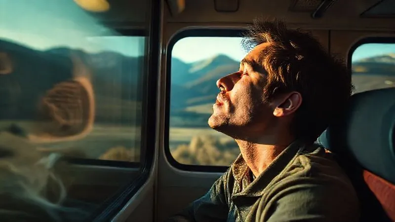 A photorealistic image of a person taking a deep, calming breath inside a train cabin, looking out at a scenic landscape, conveying peace despite a stressful situation, soft cinematic lighting, 8K, depth of field.