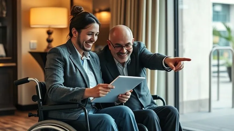 A hotel manager and a guest in a wheelchair collaboratively reviewing a checklist on a tablet, smiling and pointing to an accessible entrance, professional photography, 8K, cinematic lighting, sharp focus, depth of field, shot on a high-end DSLR, conveying collaboration and practical assessment.