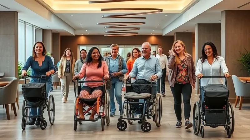 A diverse group of happy travelers of various ages and abilities, including families with strollers and individuals using mobility aids, enjoying a modern, spacious hotel common area that feels naturally inclusive, professional photography, 8K, cinematic lighting, sharp focus, depth of field, shot on a high-end DSLR, conveying joy and seamless integration.