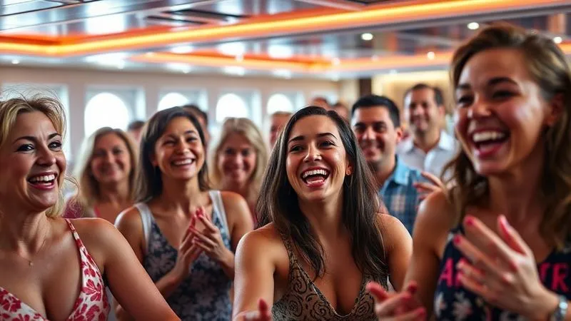 A photorealistic, professional photography, 8K, cinematic lighting, sharp focus, depth of field, shot on a high-end DSLR, showing a diverse group of cruise guests of all ages smiling and actively engaged in an interactive onboard activity, perhaps a game show or a dance class, with vibrant energy and genuine excitement. Their faces reflect joy and participation. A photorealistic, professional photography, 8K, cinematic lighting, sharp focus, depth of field, shot on a high-end DSLR, showing a diverse group of cruise guests of all ages smiling and actively engaged in an interactive onboard activity, perhaps a game show or a dance class, with vibrant energy and genuine excitement. Their faces reflect joy and participation.