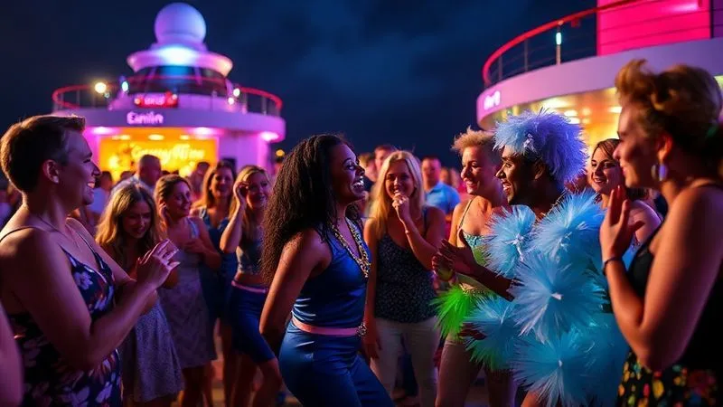 A photorealistic, professional photography, 8K, cinematic lighting, sharp focus, depth of field, shot on a high-end DSLR, showing a vibrant, interactive entertainment show on a cruise ship's deck at night. Guests are laughing and participating, perhaps with performers in dynamic costumes engaging directly with the crowd. Colorful lights illuminate the scene, creating an energetic and joyful atmosphere. A photorealistic, professional photography, 8K, cinematic lighting, sharp focus, depth of field, shot on a high-end DSLR, showing a vibrant, interactive entertainment show on a cruise ship's deck at night. Guests are laughing and participating, perhaps with performers in dynamic costumes engaging directly with the crowd. Colorful lights illuminate the scene, creating an energetic and joyful atmosphere.