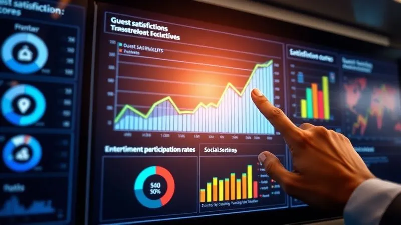 A photorealistic, professional photography, 8K, cinematic lighting, sharp focus, depth of field, shot on a high-end DSLR, showing a sleek, modern data dashboard with various charts and graphs displaying positive trends in 'guest satisfaction scores,' 'entertainment participation rates,' and 'social media sentiment.' A human hand, perhaps a cruise executive's, is pointing at a rising green line on a graph, indicating successful reversal of declining scores. The screen glows with insightful data. A photorealistic, professional photography, 8K, cinematic lighting, sharp focus, depth of field, shot on a high-end DSLR, showing a sleek, modern data dashboard with various charts and graphs displaying positive trends in 'guest satisfaction scores,' 'entertainment participation rates,' and 'social media sentiment.' A human hand, perhaps a cruise executive's, is pointing at a rising green line on a graph, indicating successful reversal of declining scores. The screen glows with insightful data.