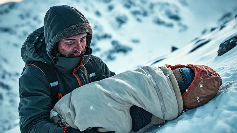 A photorealistic image of a wilderness first responder carefully wrapping a simulated injured client in multiple layers of insulation and an emergency blanket on a snow-covered trail, demonstrating hypothermia prevention. The responder's face is focused, showing competence and urgency, with a remote, snowy mountain backdrop. Cinematic lighting, sharp focus on the immediate action, depth of field, 8K, shot on a high-end DSLR.