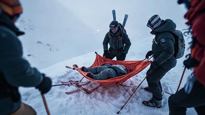 A photorealistic, professional photography, 8K, cinematic lighting, sharp focus, depth of field, shot on a high-end DSLR of a small team of experienced winter guides demonstrating the construction of an improvised stretcher using skis, poles, and a tarp on a snowy mountain trail. One guide explains the lashing technique while another points to the secure placement of a simulated patient. The scene emphasizes practical skills and teamwork.