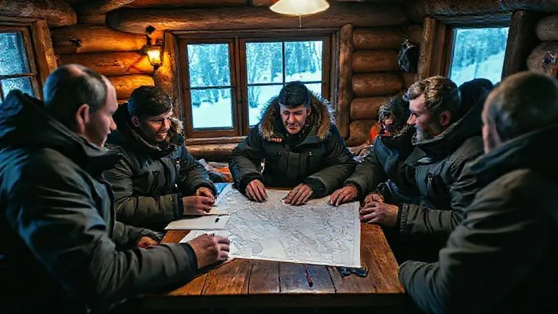 A photorealistic, professional photography, 8K, cinematic lighting, sharp focus, depth of field, shot on a high-end DSLR of a small team of winter guides sitting around a map in a cozy, rustic cabin, engaged in a serious debriefing session after a challenging rescue. They look reflective and focused, with notes and diagrams on the table. The atmosphere is one of thoughtful analysis and camaraderie, emphasizing learning and psychological support.