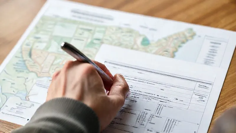 A close-up, photorealistic image of a hand filling out a complex government permit application form, with a national park map subtly blurred in the background. Professional photography, 8K, cinematic lighting, sharp focus, depth of field, shot on a high-end DSLR.
