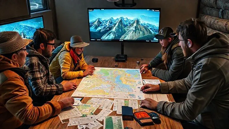 A photorealistic image of a diverse team of outdoor adventure guides collaboratively planning a multi-park road trip, looking at digital maps on large screens and physical permits spread across a table, emphasizing teamwork and technology. Professional photography, 8K, cinematic lighting, sharp focus, depth of field, shot on a high-end DSLR.