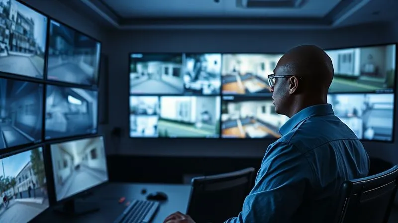 photorealistic, professional photography, 8K, cinematic lighting, sharp focus, depth of field, shot on a high-end DSLR. A sleek, modern security control room with multiple monitors displaying various camera feeds of a luxury villa's perimeter. The lighting is dim, casting a focused glow on a security expert diligently monitoring the screens, highlighting vigilance and advanced technology.