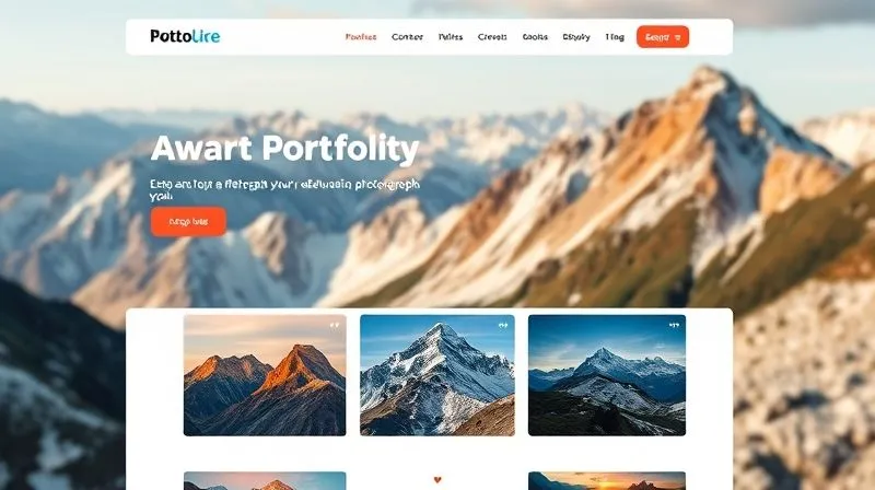 A photorealistic, professional photography website interface displaying a curated portfolio of adventure nature photographs. The layout is clean and modern, showcasing stunning images of mountain landscapes and wildlife. Cinematic lighting, sharp focus on the images, depth of field blurring the background elements of the screen. 8K hyper-detailed, shot on a high-end DSLR.