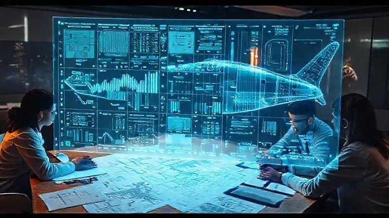 photorealistic, professional photography, 8K, cinematic lighting, sharp focus, depth of field, shot on a high-end DSLR, a highly detailed, futuristic holographic projection of complex data analytics and risk matrices, floating above a table where a team of diverse professionals are reviewing blueprints and technical documents of a spacecraft, symbolizing data-driven insurance proposal development for space tourism.