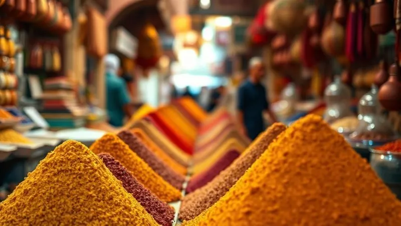 photorealistic, professional photography, 8K, cinematic lighting, sharp focus, depth of field, shot on a high-end DSLR. A bustling, vibrant ancient spice market in Marrakech, Morocco, with pyramids of colorful spices (turmeric, paprika, cumin, saffron) under warm, diffused light. Focus on the textures and rich colors of the spices, with blurred figures of vendors and shoppers in the background, conveying a sense of timeless tradition and aromatic abundance.