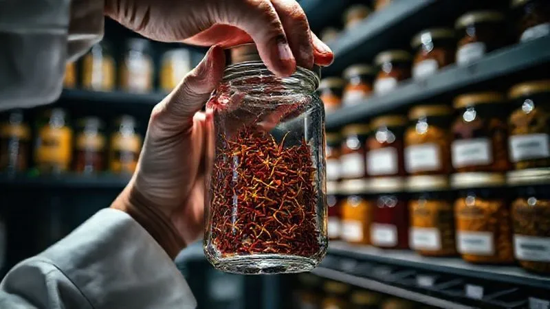 photorealistic, professional photography, 8K, cinematic lighting, sharp focus, depth of field, shot on a high-end DSLR. A professional chef's hand carefully placing an airtight glass jar filled with vibrant, whole star anise into a dark, temperature-controlled pantry. Other labeled jars of exotic spices are neatly organized on shelves in the blurred background. The scene emphasizes meticulous storage and preservation.