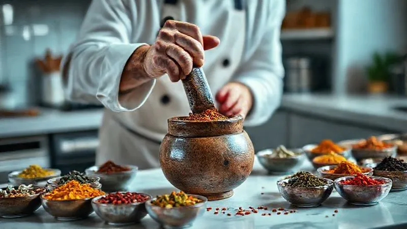 photorealistic, professional photography, 8K, cinematic lighting, sharp focus, depth of field, shot on a high-end DSLR. A skilled chef, with focused intensity, carefully grinding whole spices in a mortar and pestle on a clean, modern kitchen counter. Various small bowls of vibrant, unique spices surround the mortar, suggesting experimentation and precision. Soft, warm light illuminates the scene, highlighting the textures and colors of the spices.